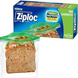 Ziploc Sandwich and Snack Bags with EasyGuide Texture, Plastic Storage Bags with Grip ‘n Seal Technology, 90 Bags Total