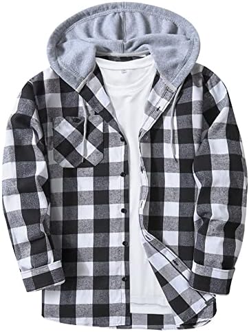 JACKETOWN Hooded Flannel Shirt for Men Plaid Shirts Long Sleeve Flannel Jacket Button-Down Shirt Jacket with Hood